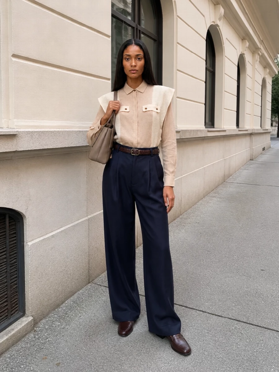Alysi navy wide leg trousers neutral shirt outfit