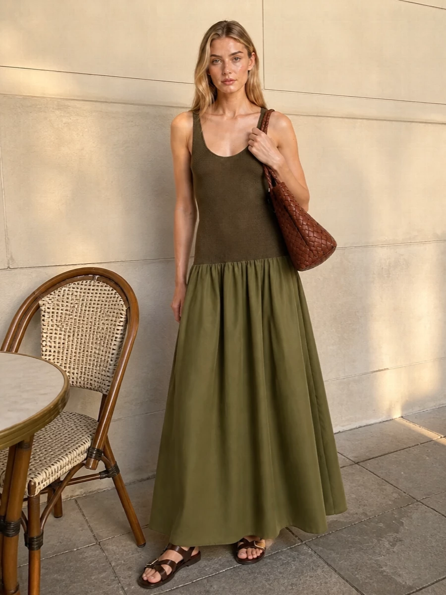 An earthy olive maxi dress and dark chocolate flat slingbacks create a quiet, elongated line that feels relaxed yet considered. The knit bodice and gathered skirt balance subtle structure with ease, while the brown leather tote deepens the palette for an understated, sun-ready uniform. This route leans fully into a single, minimalist column in tonal greens and browns, which harmonizes more cleanly with the artisanal bag than mixing separate top and trouser blocks would.