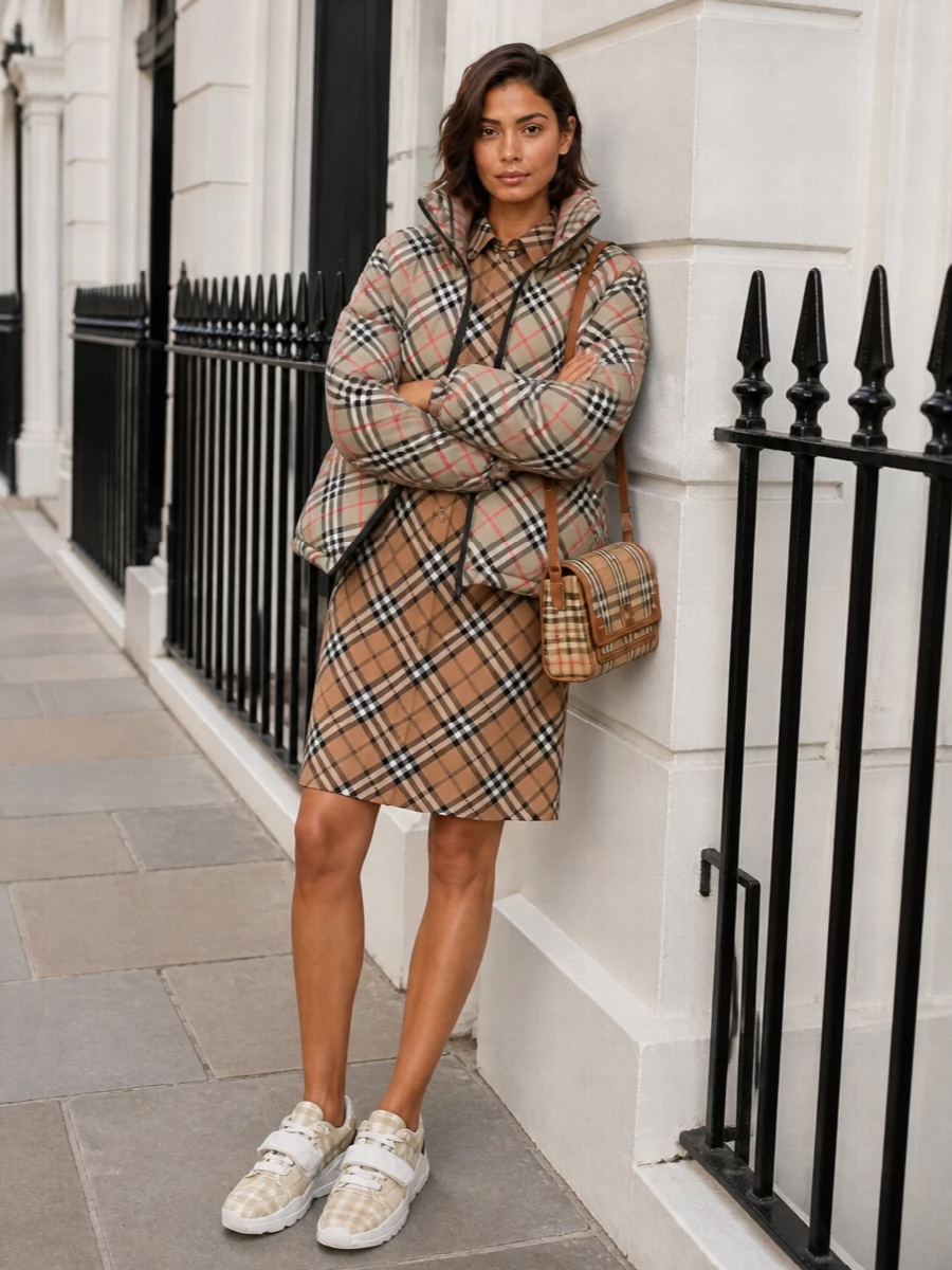 Burberry check puffer shirt dress sneakers
