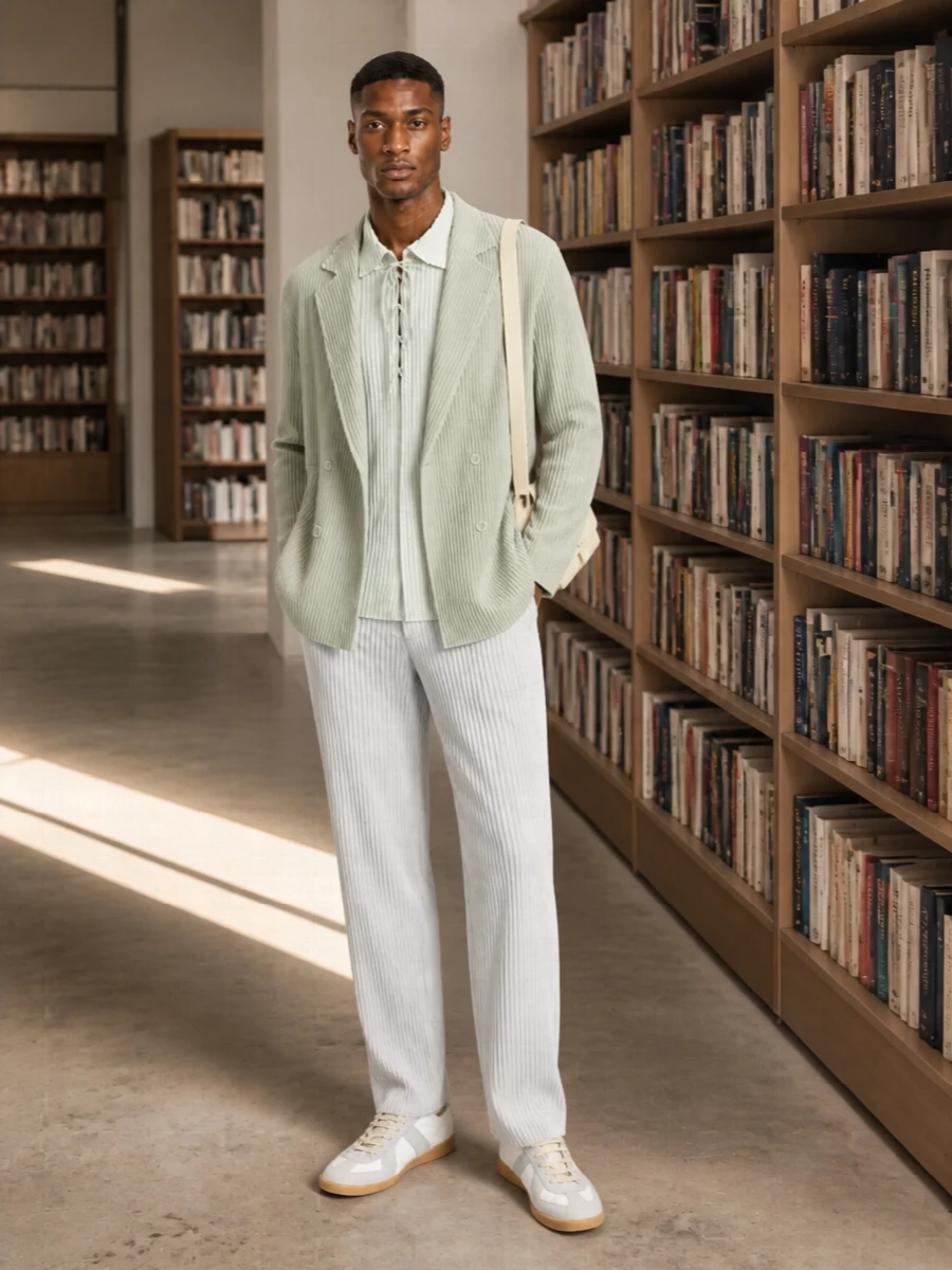 Pale sage pleats meet soft mint and crisp grey-on-white stripes for a tonal take on Homme Plissé tailoring that feels calm, architectural and easy. Off-white Margiela sneakers and a buttercream Jil Sander shoulder bag keep the palette light and the mood quietly polished, ideal for gallery afternoons that slide into late dinners.