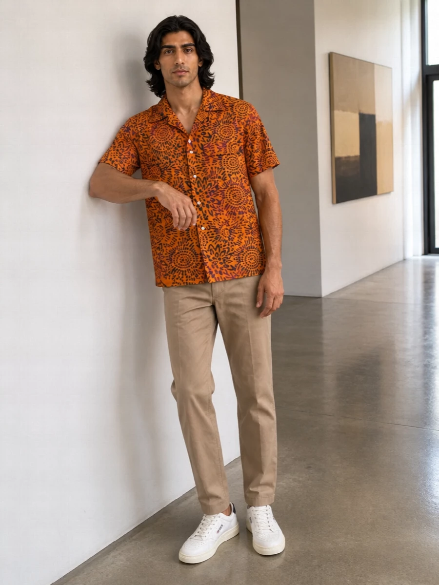 Beams plus orange camp shirt khaki trousers