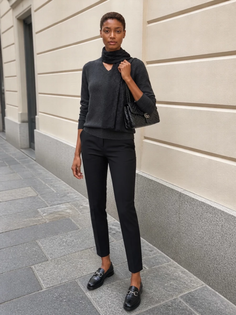 Gucci charcoal sweater black tailored trousers