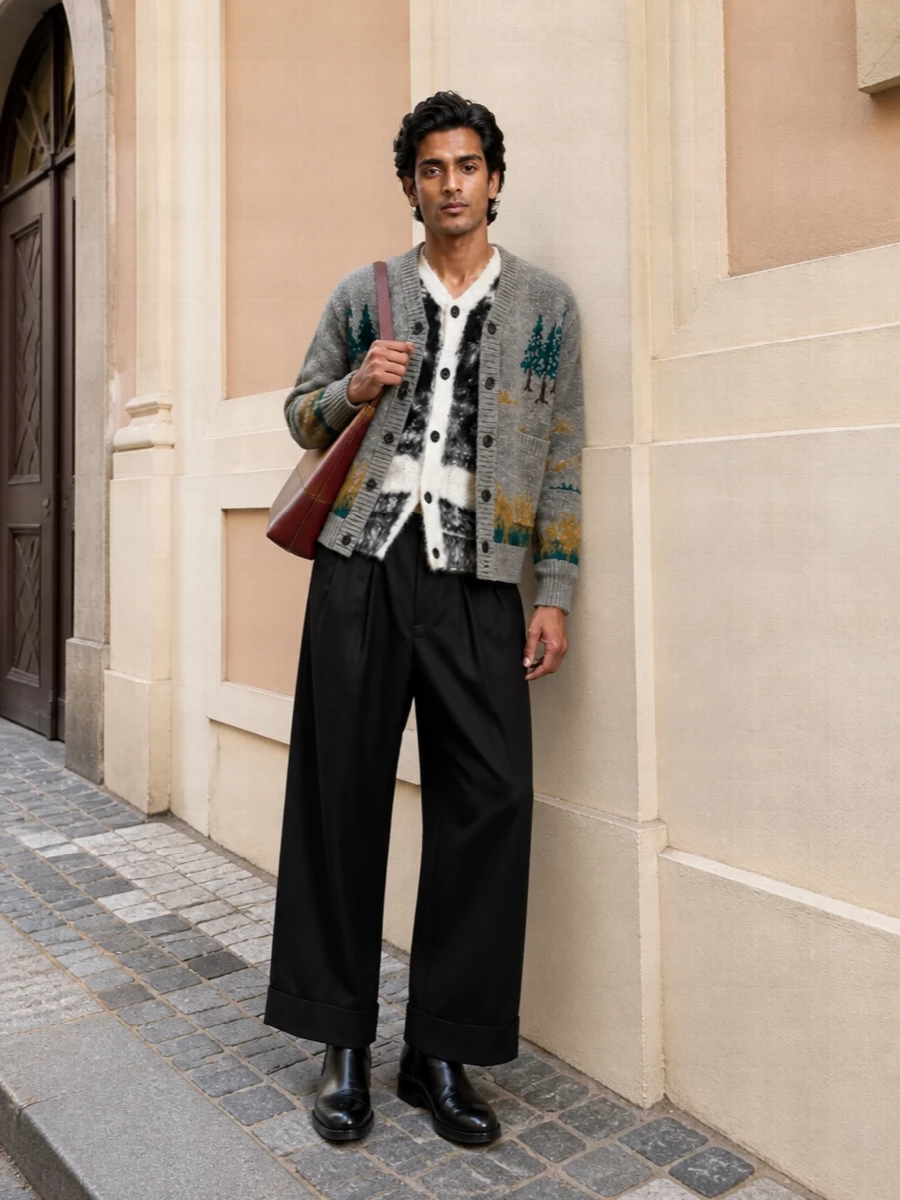 Junya wide leg trousers sacai fuzzy cardigan outfit