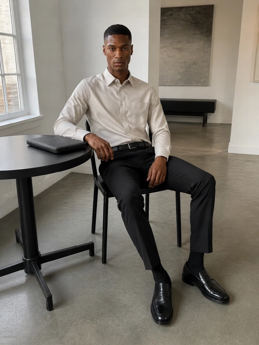 Fendi black trousers beige shirt outfit