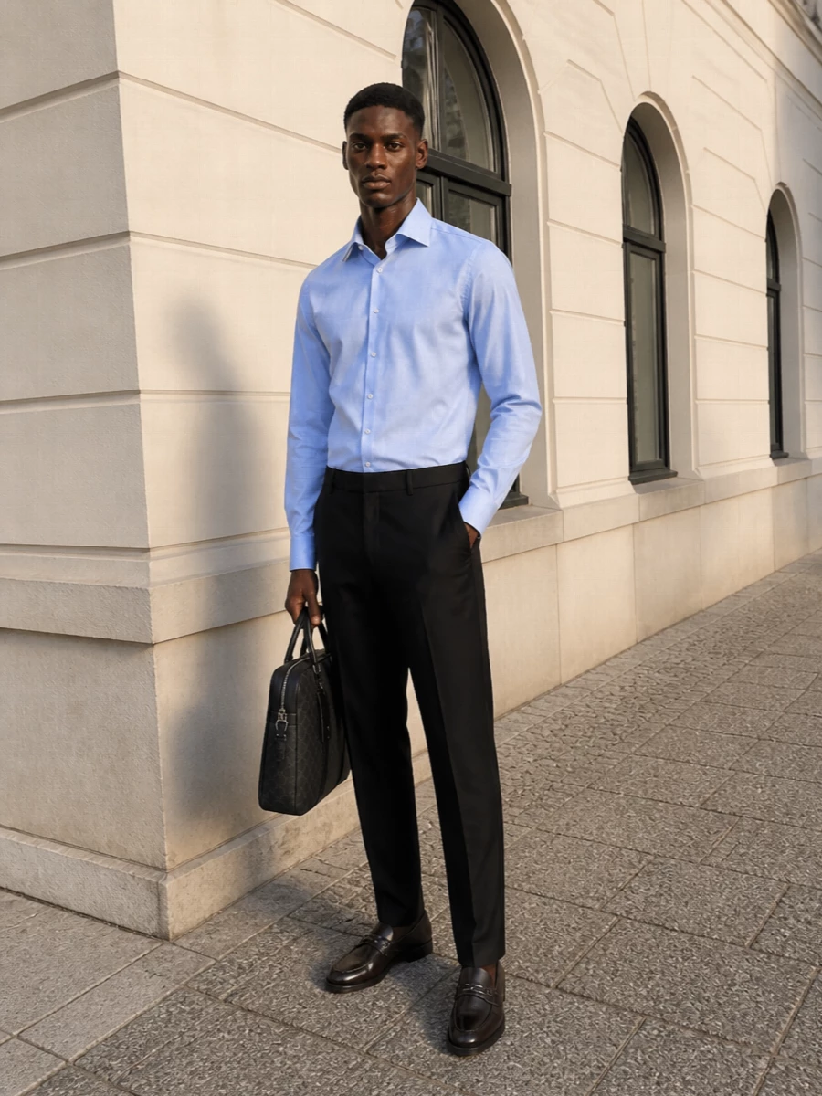 A light-blue Zegna shirt sits cleanly against black tailored trousers for a sharp, modern business uniform. Dark leather loafers and a structured briefcase keep the palette disciplined and the lines precise, reading quietly confident from meeting to dinner. The result is tailored, minimal and clearly intentional without feeling stiff.