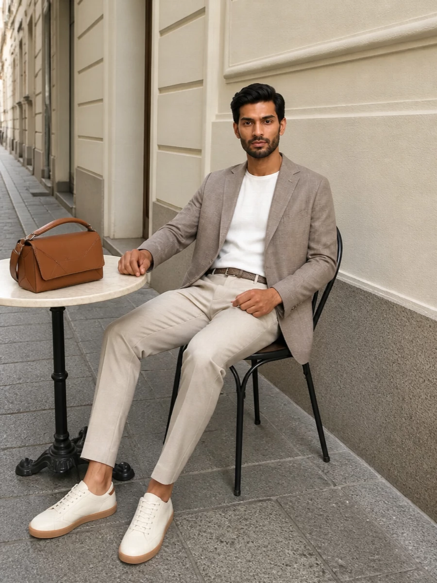 Zegna taupe blazer beige trousers sneakers