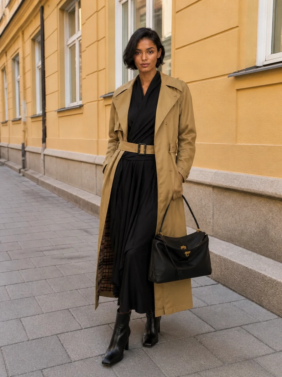 Balenciaga trench black wrap dress ankle boots