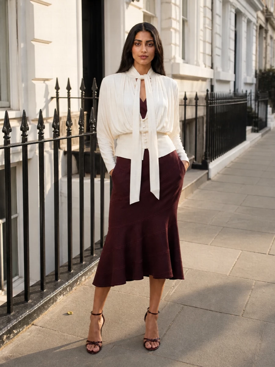Self portrait blazer burgundy wrap dress outfit