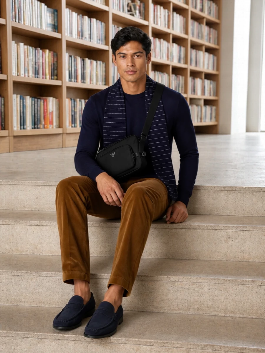 Ralph lauren navy sweater corduroy trousers outfit