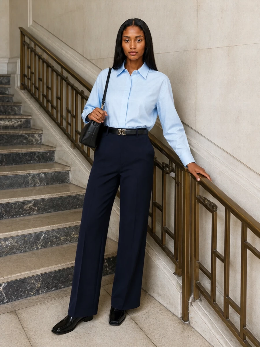 Loewe shirt prada navy wide leg trousers outfit