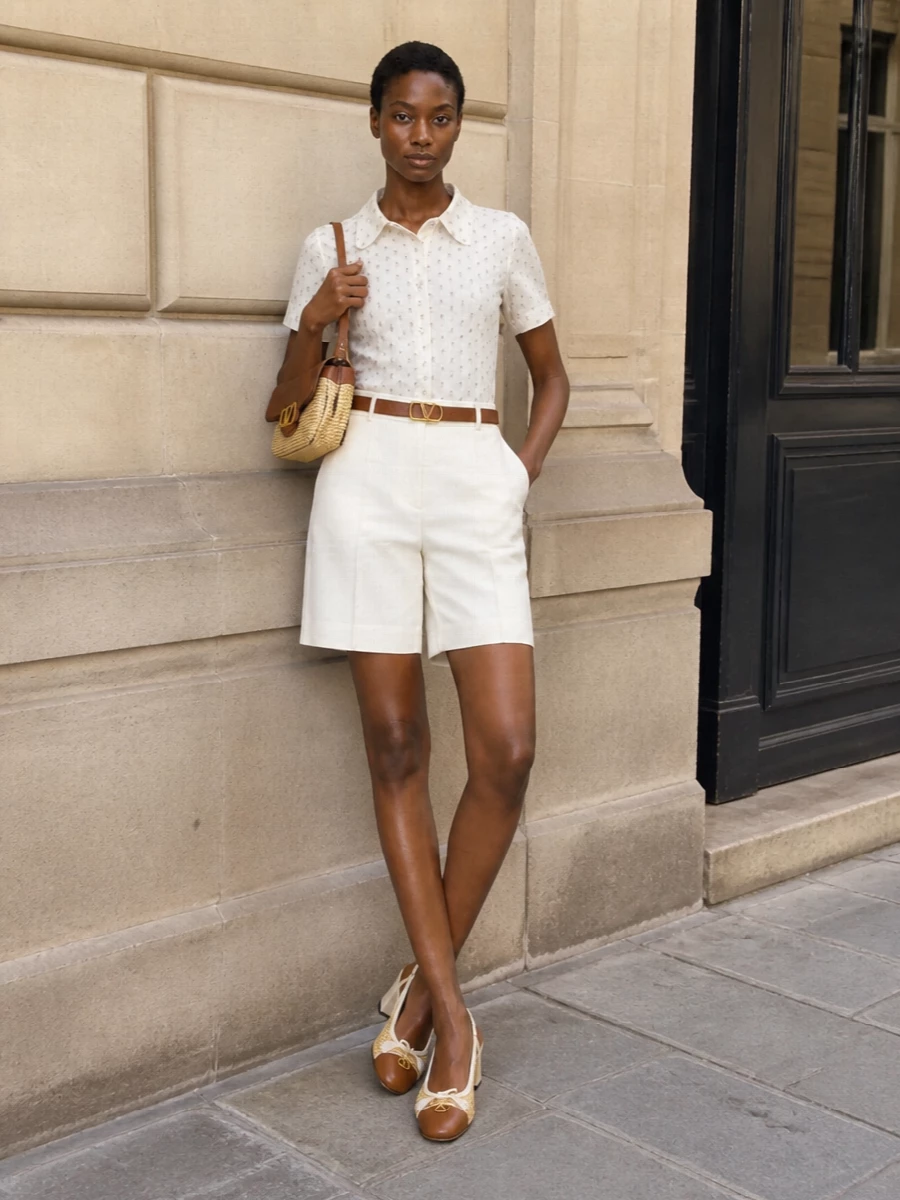 Valentino printed shirt ivory tailored shorts outfit