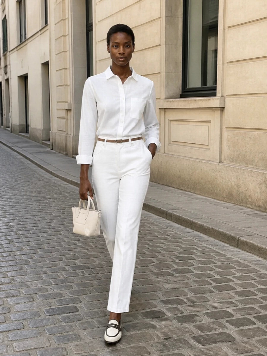 Minimalist white tailored trousers shirt outfit