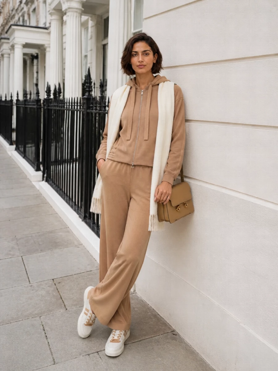 A tonal camel knit set paired with fluid wide-leg trousers creates a long, relaxed line that feels quietly composed rather than casual. Off-white sneakers and an ivory scarf introduce just enough contrast to keep the neutrals fresh while staying firmly in the minimalist, sport-luxe space. The structured camel bag adds definition, so the soft proportions read intentional and city ready.