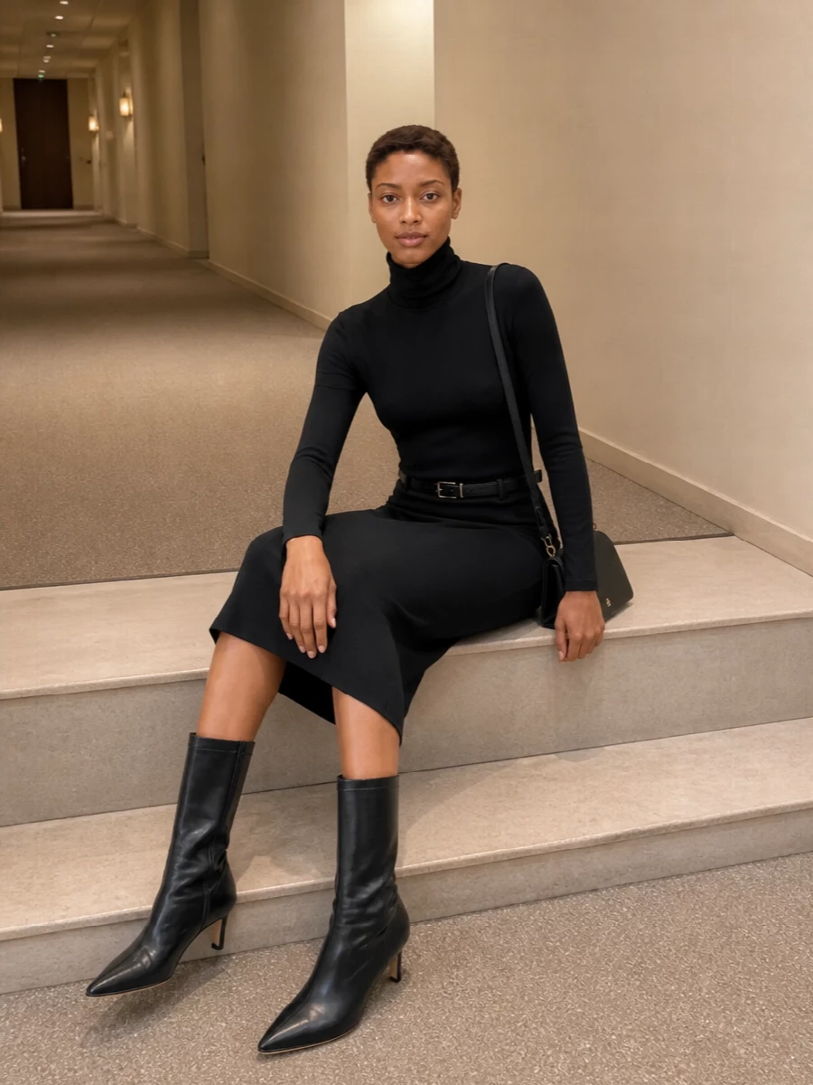 A black turtleneck and high-waisted midi pencil skirt create a clean, uninterrupted column that feels composed and precise. Knee-high boots keep the line long while the slim belt and compact shoulder bag add just enough structure and subtle gold detail. It is an understated, quietly confident pairing that moves easily from meetings to dinner without needing anything extra.