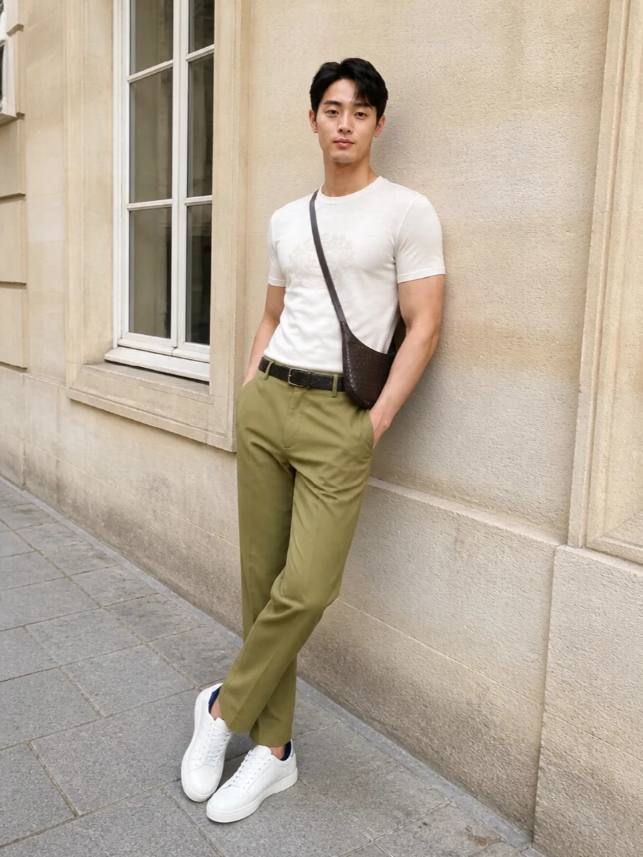 Burberry ivory t shirt khaki tailored trousers