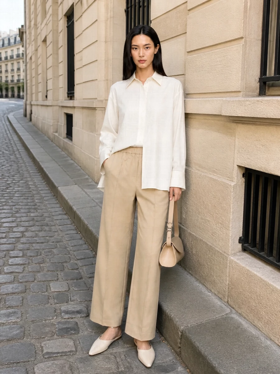 Soft ivory against warm beige keeps the palette calm while the wide-leg trouser and relaxed shirt create a long, quiet line. The pointed slingback and slim tonal bag sharpen the ease just enough for gallery days, client coffees or understated dinners. A slim braided belt is optional, there if you want a hint of structure at the waist without disturbing the flow.
