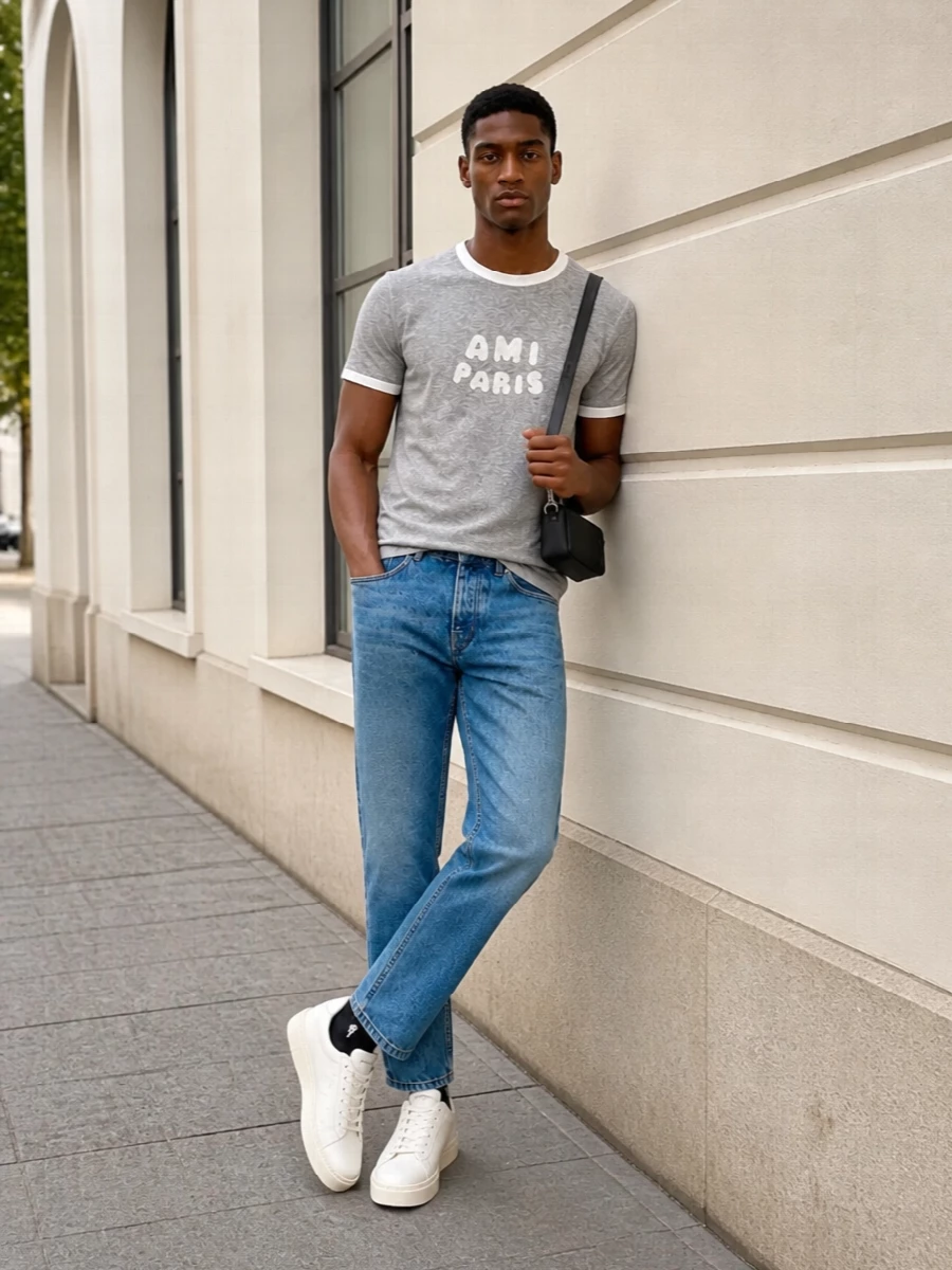 A heather grey ringer tee and mid blue straight-leg denim keep the mood relaxed and clean, with soft volume that still feels classic. Off-white leather sneakers lighten the base and pick up the tee’s trims, while the compact black shoulder bag and matching socks introduce a sharp, quietly branded contrast. The result is easy Parisian streetwear that reads polished enough for the city without losing its laid-back edge.