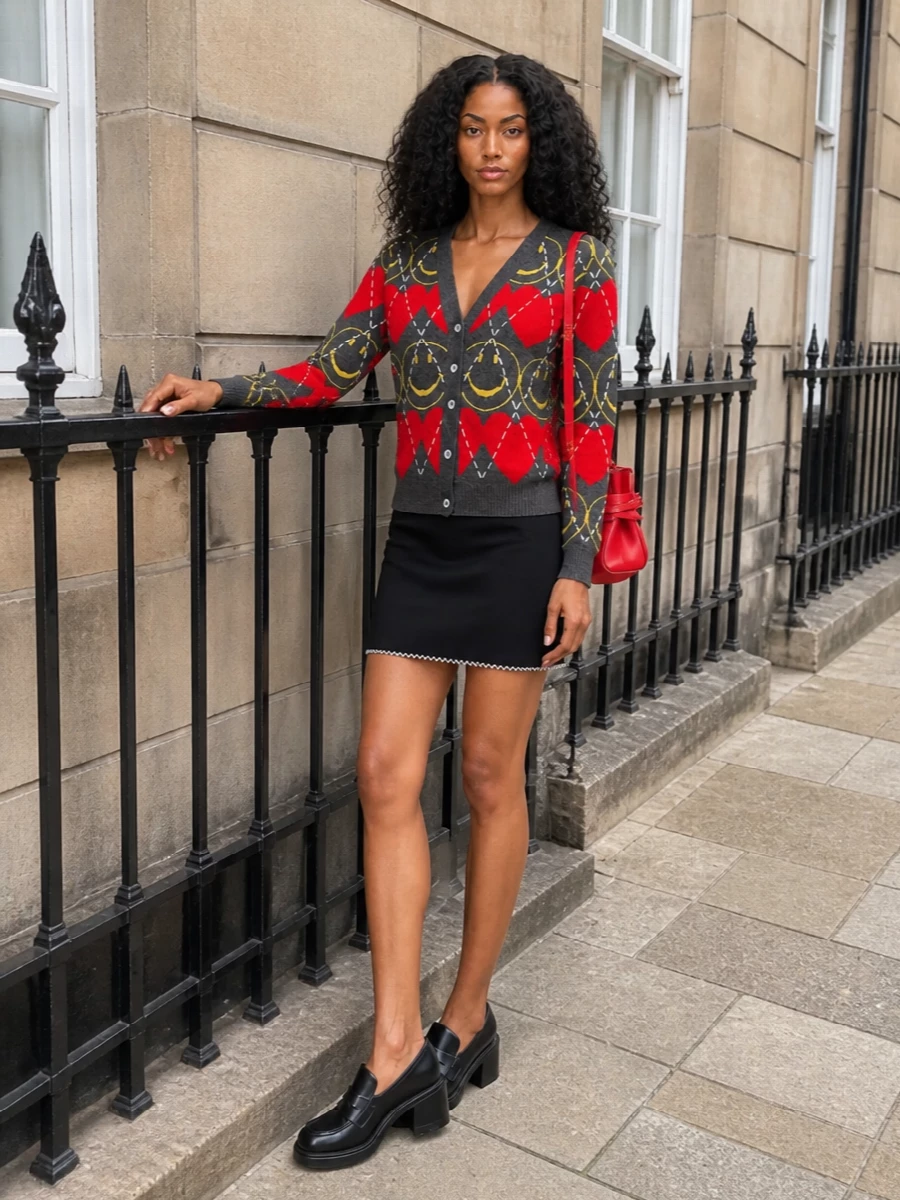 Moschino cardigan mini skirt loafers outfit