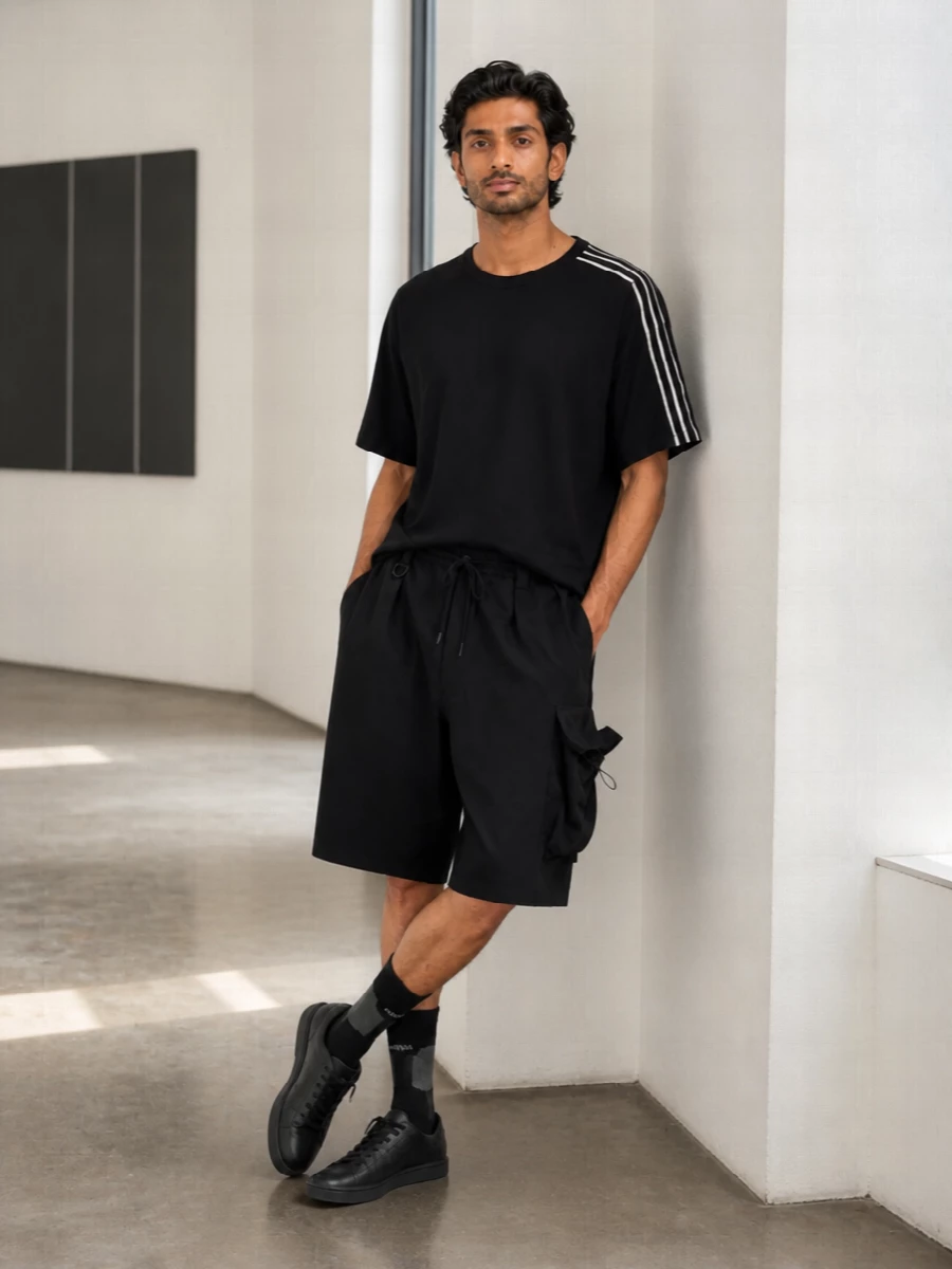 A graphic Y-3 tee sits over longline cargo shorts, keeping everything loose, technical and monochrome. All-black Y-3 sneakers and a branded tote keep the energy clean and athletic, ideal for city days that move between street and sport. The proportions stay relaxed but intentional, with subtle detailing doing the work instead of color.