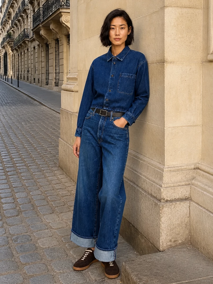 Mother wide leg jeans apc cropped denim shirt