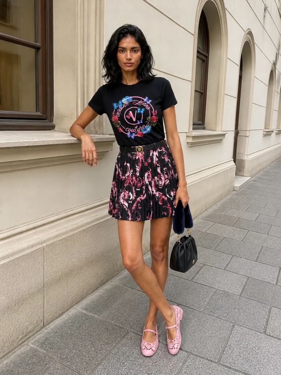 Versace mini skirt floral tee pink flats