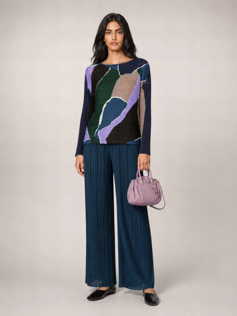 Pleats Please Issey Miyake Pleated Abstract-Print Boat Neck 3/4-Sleeve Blouse