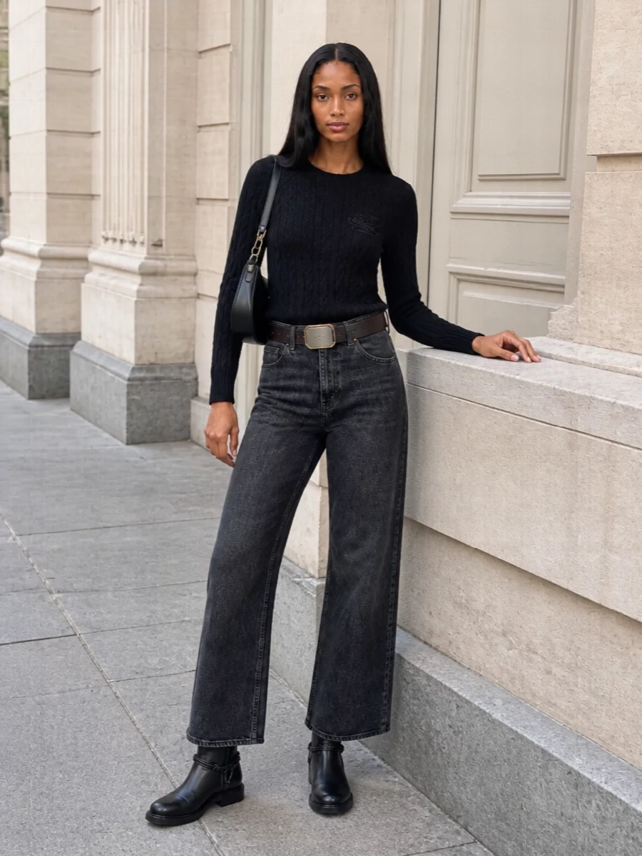 Etro wide leg jeans black sweater ankle boots
