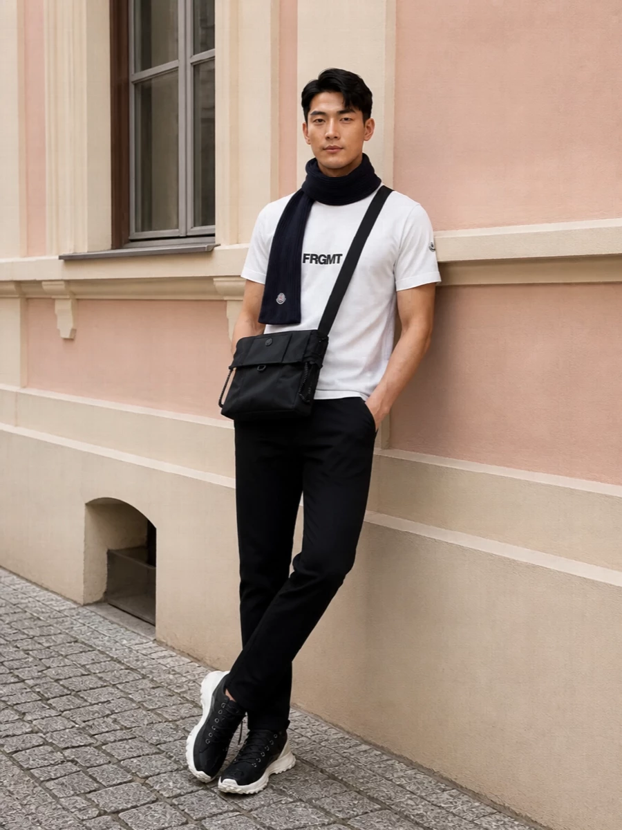 Moncler frgmt tshirt black tapered jeans outfit