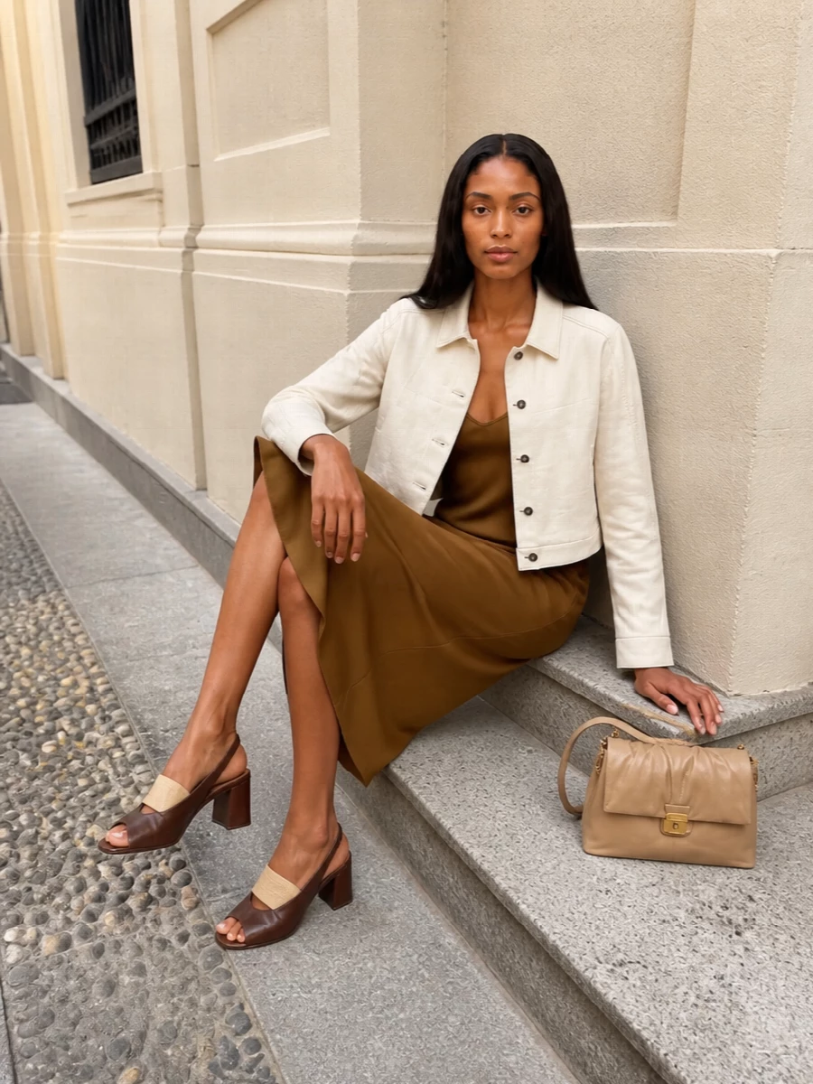 Max mara ivory jacket caramel slip dress outfit