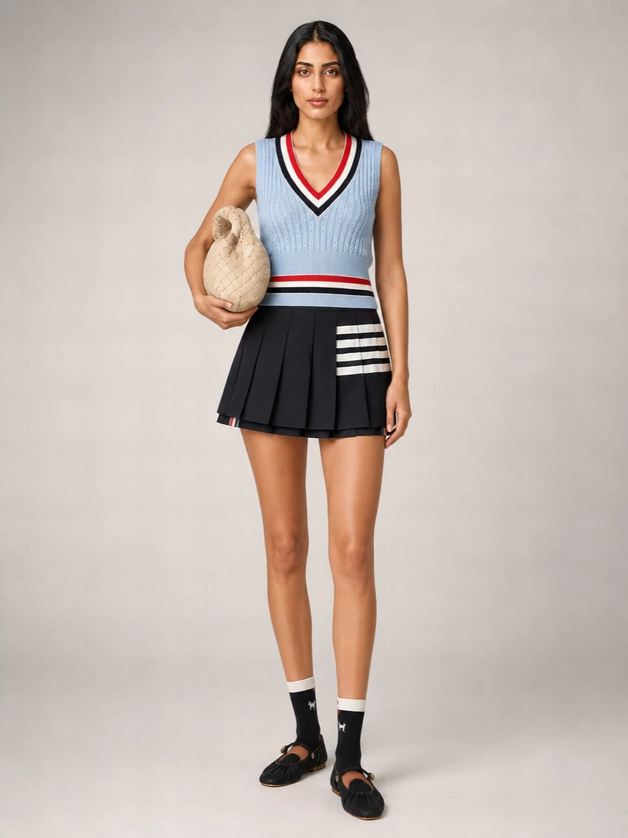 Thom Browne Crochet Cotton V-Neck Ribbed Hem Cropped Vest