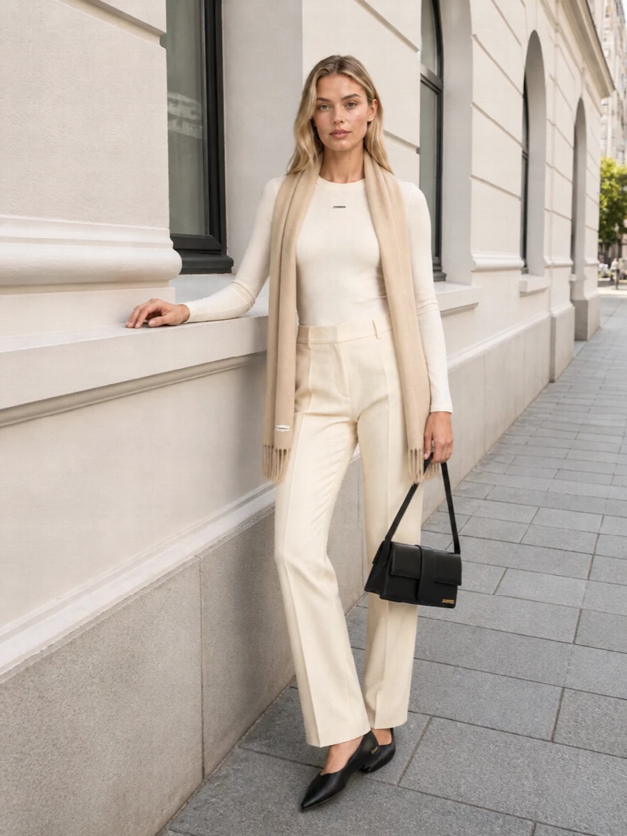 A buttercream knit paired with matching tailored trousers creates a soft column of color that feels calm but intentional. Black leather accessories add just enough definition, keeping the palette minimal while still grounded. The result is a quietly polished outfit that moves easily from desk to late dinner with only a change of lipstick or jewelry.