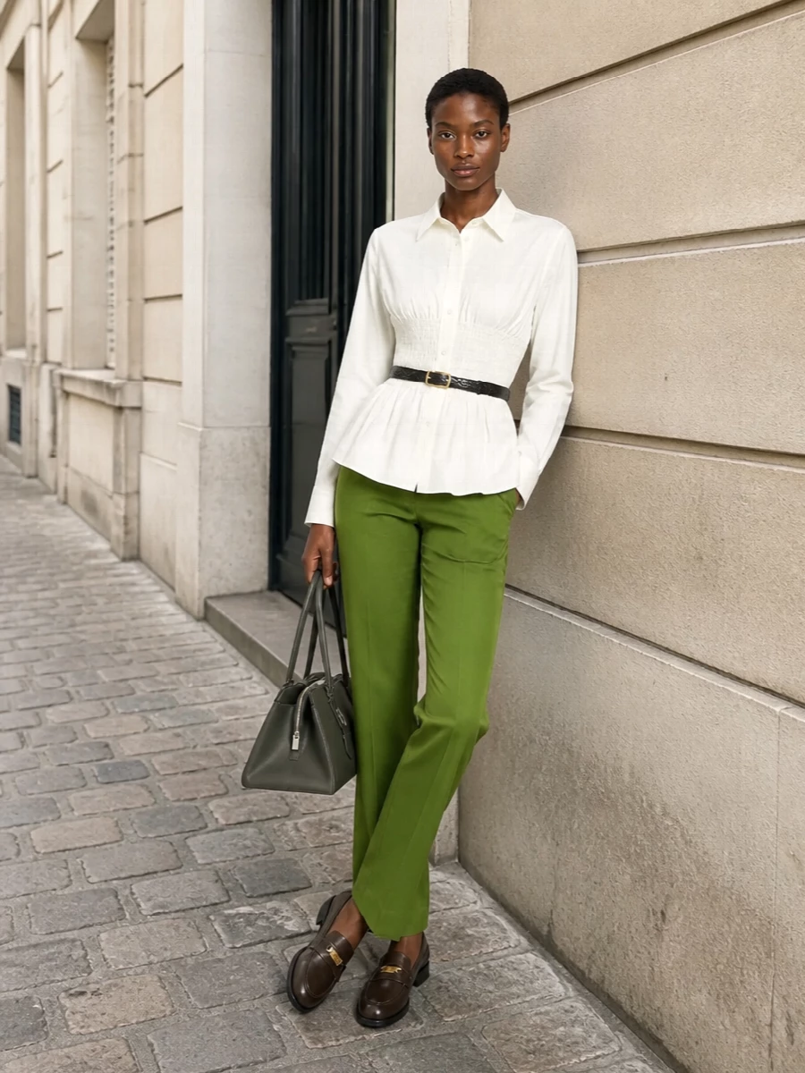 Olive tailored trousers are elevated with Prada’s sculpted ivory shirt, creating a clean, elongated line that feels modern yet boardroom-ready. Dark brown loafers and a structured charcoal-olive top-handle bag ground the palette in rich neutrals, while a slim black belt crisps up the waist for a precise, quietly luxurious FW look that moves seamlessly from office to dinner.