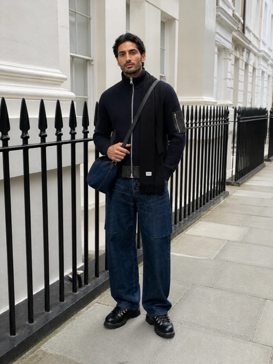 Sacai cargo jeans cardigan hiking boots