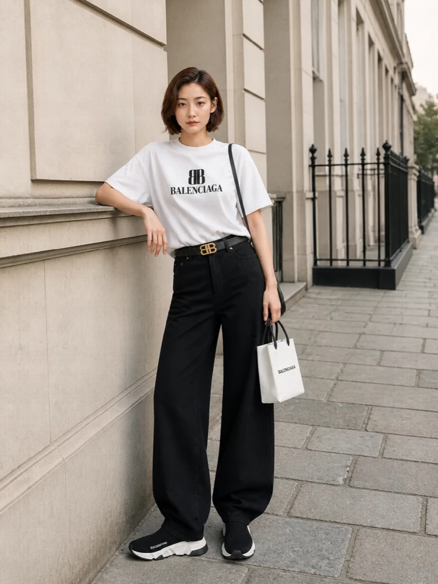 An oversized logo tee sits over wide-leg black trousers for a clean, monochrome take on Balenciaga streetwear. Sock sneakers keep the line sharp and athletic, while the compact mini tote adds a crisp graphic finish. The slim belt is there if you want to switch from pure slouch to a more intentional, slightly cinched waist when you tuck the tee.
