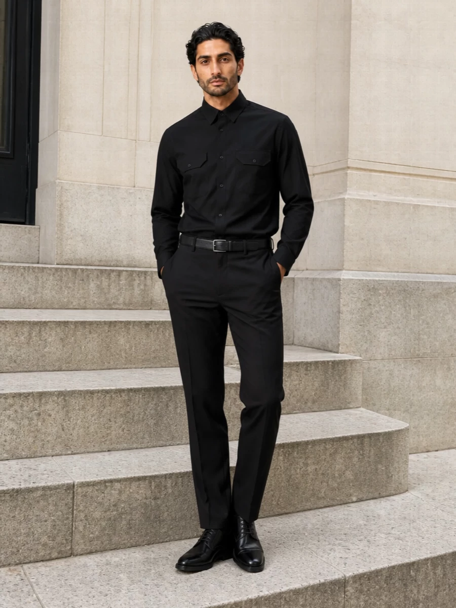 Gr10k black shirt tailored trousers churchs derby