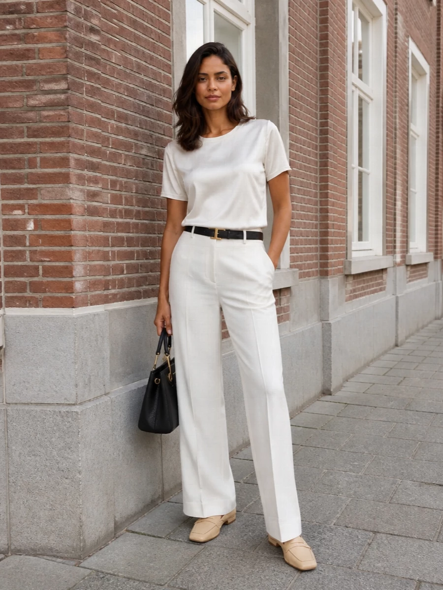 Soft white tailoring stays calm and precise with the satin tee echoing the trouser’s clean line rather than competing with it. Butter loafers and a structured black tote give the light palette a grounded, city-ready edge. The slim black belt trims everything in, keeping the wide leg intentional rather than relaxed.