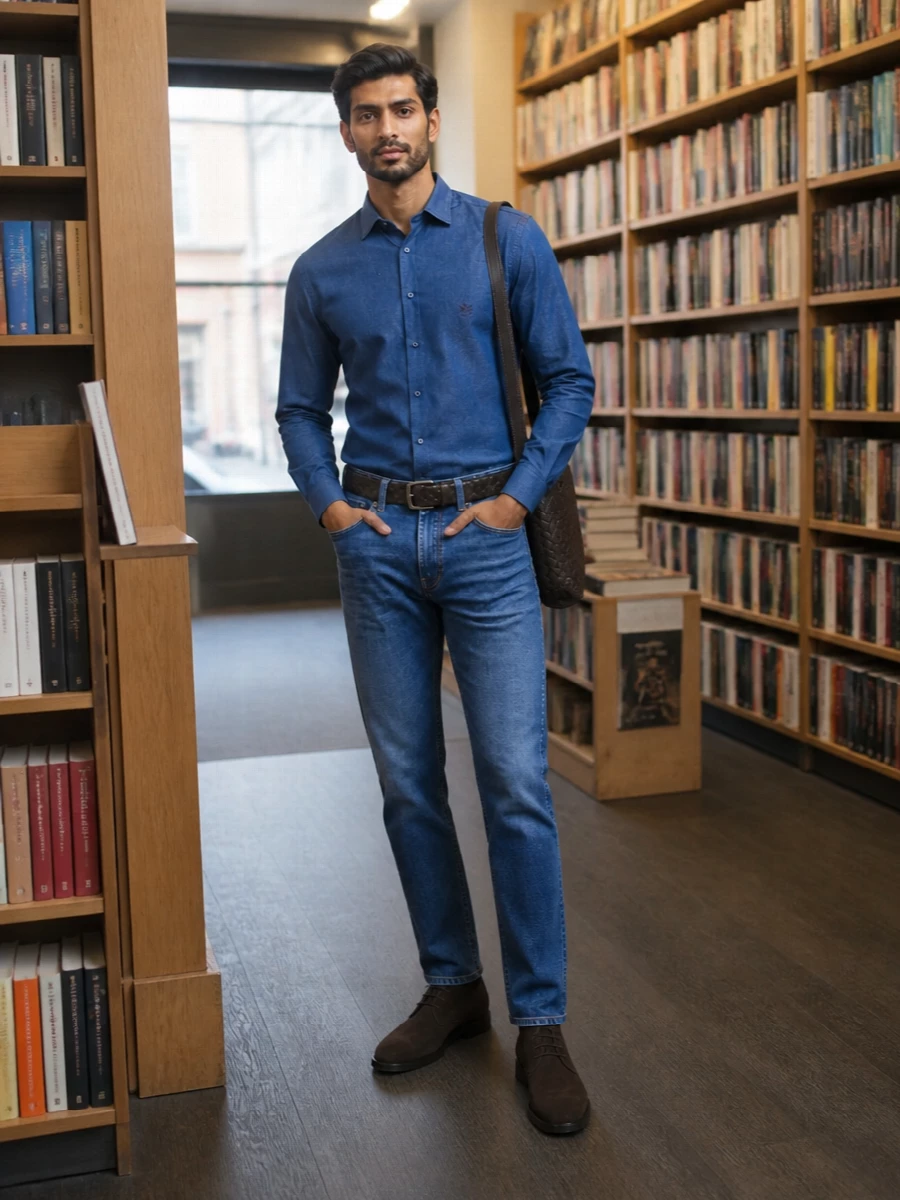 Etro indigo jeans blue shirt suede boots men