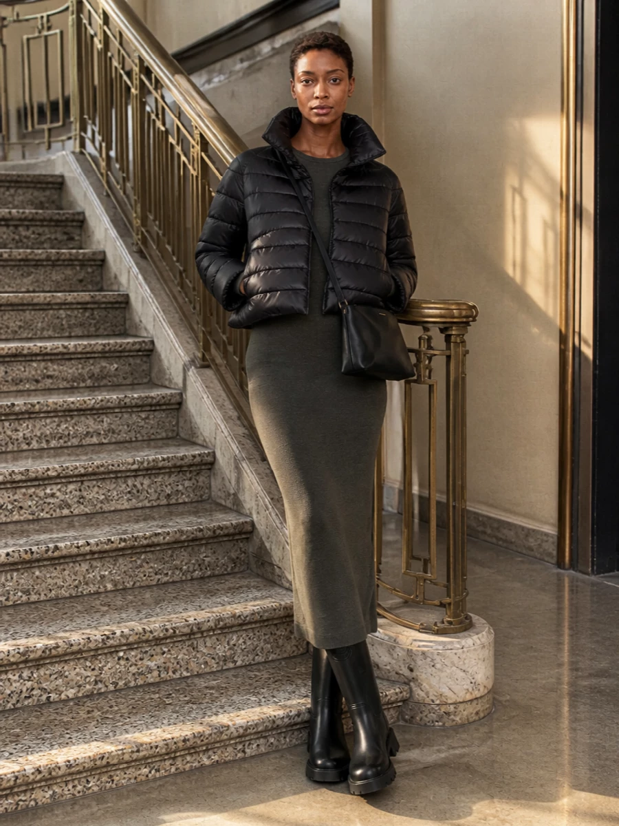 I’m building this around the dress path, letting the Rick Owens ribbed maxi act as a streamlined column under Herno’s cropped puffer rather than breaking the line with separate top and trousers. The long, second-skin knit and sculpted knee-high Moncler boots create a modern, almost architectural winter silhouette, with the small Coccinelle crossbody keeping the whole composition sharp and unfussy. It reads as city-ready, quietly directional and deeply practical for cold days without sacrificing polish.