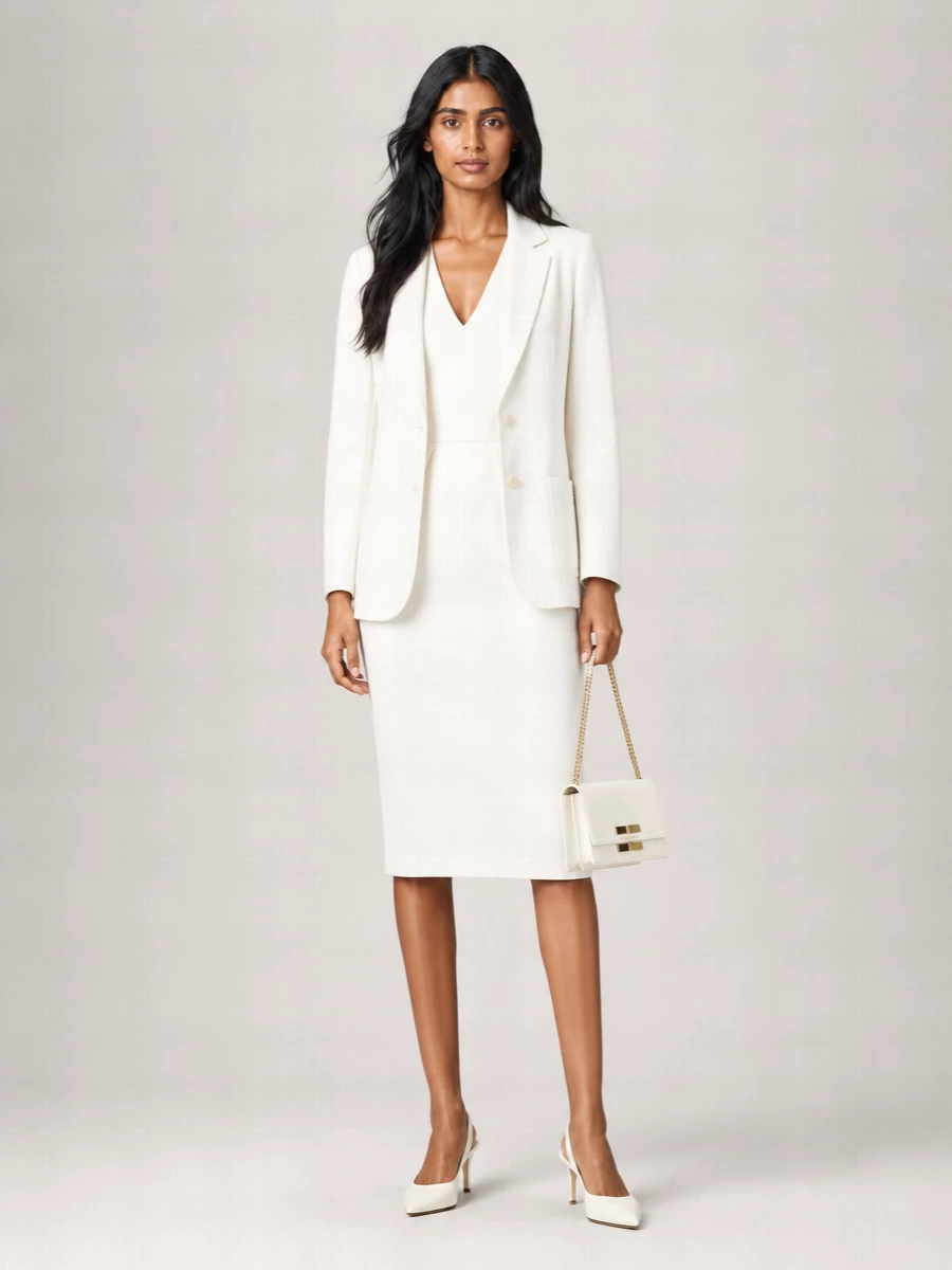 I’m taking the dress route here, pairing the Harris Wharf blazer with a sculpted ivory sheath for a quiet, occasion-ready column rather than breaking it up with tailoring separates. The tonal dress keeps the focus on cut and texture, while the pointed slingbacks and small chain bag sharpen the mood for city dinners, ceremonies or gallery evenings without feeling overdone.
