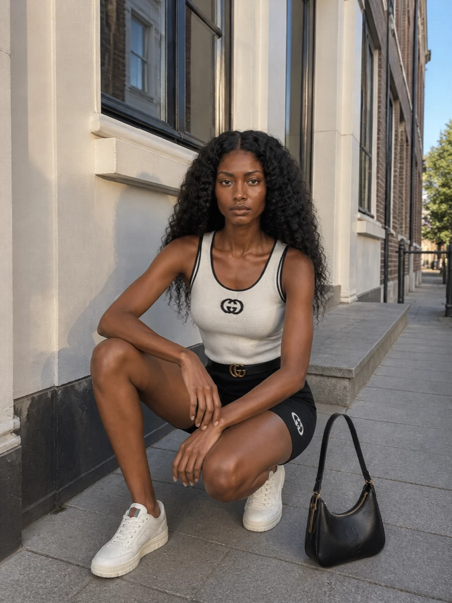 Gucci black knit shorts ivory tank outfit