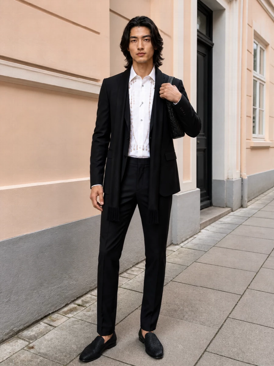Dolce gabbana pearl bib shirt black tux trousers