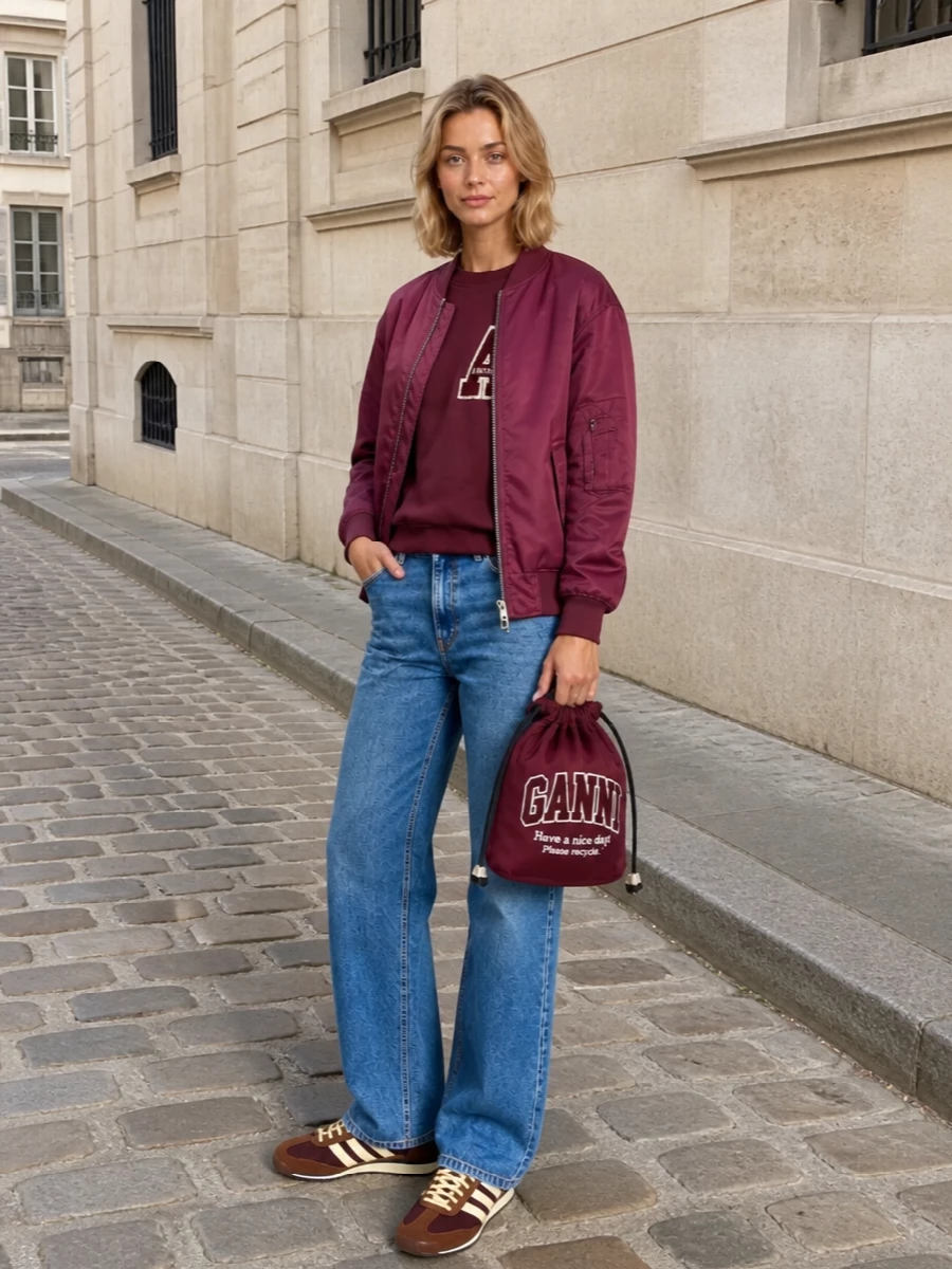 I am styling the bomber with denim rather than a dress to keep the energy casual and true to its MA-1, off-duty roots. The rich berry-on-berry story across jacket, varsity sweat and sneakers feels intentional rather than matchy, grounded by long, straight mid-blue denim. A soft logo pouch finishes it with a bit of Copenhagen attitude that still reads sporty and practical for city days.