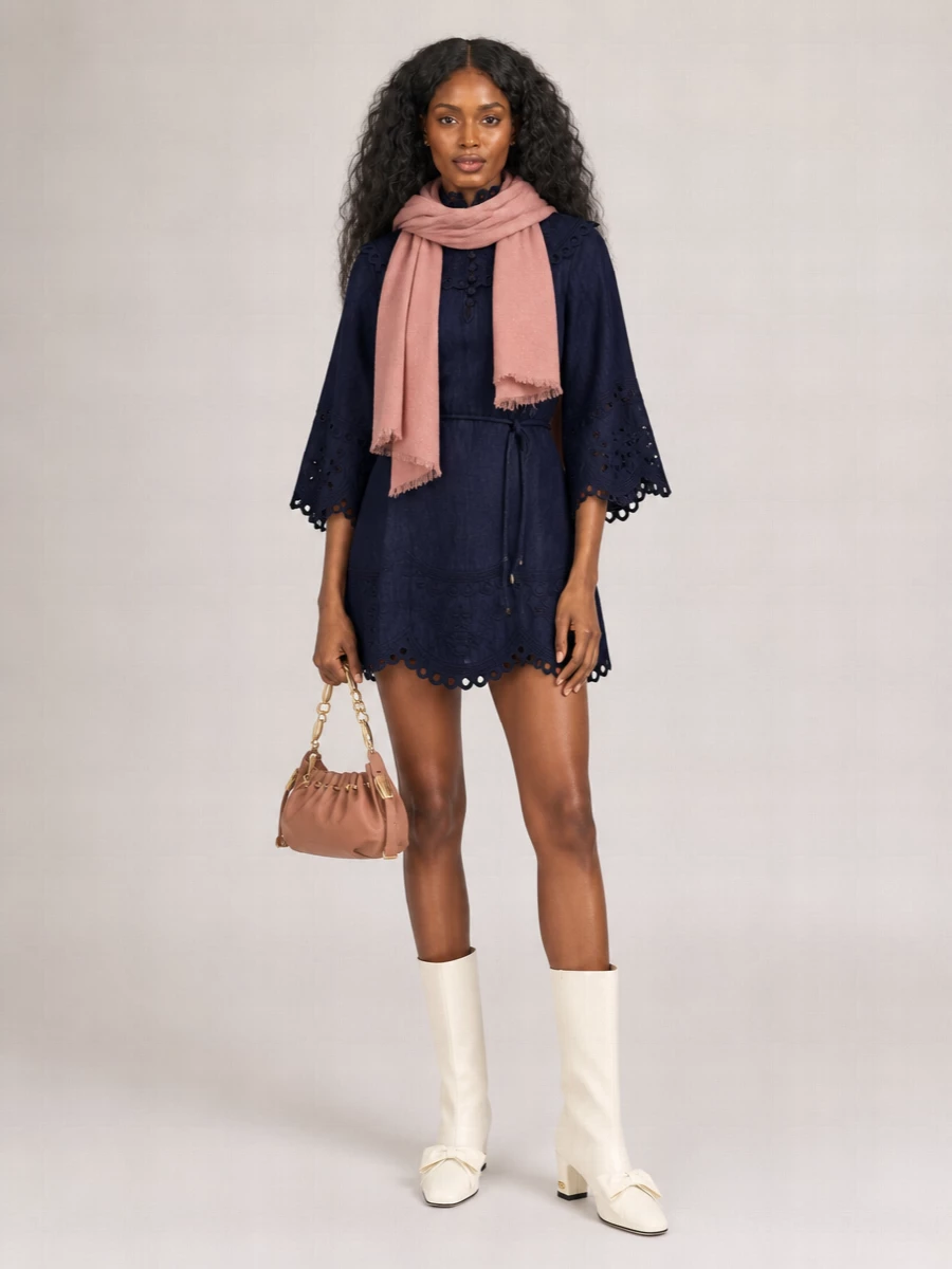 Zimmermann Denim Broderie High-Neck Mini Dress