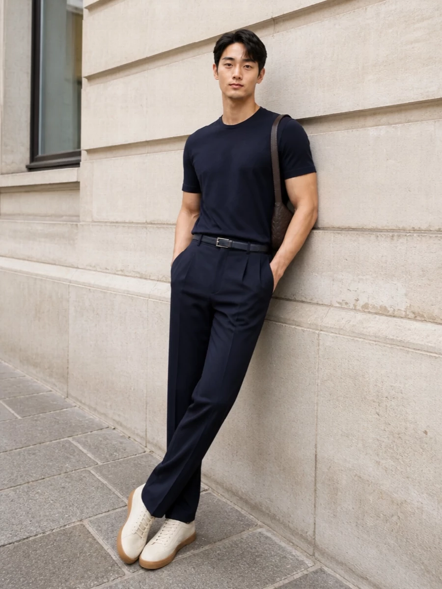 Zegna navy tee pleated trousers outfit