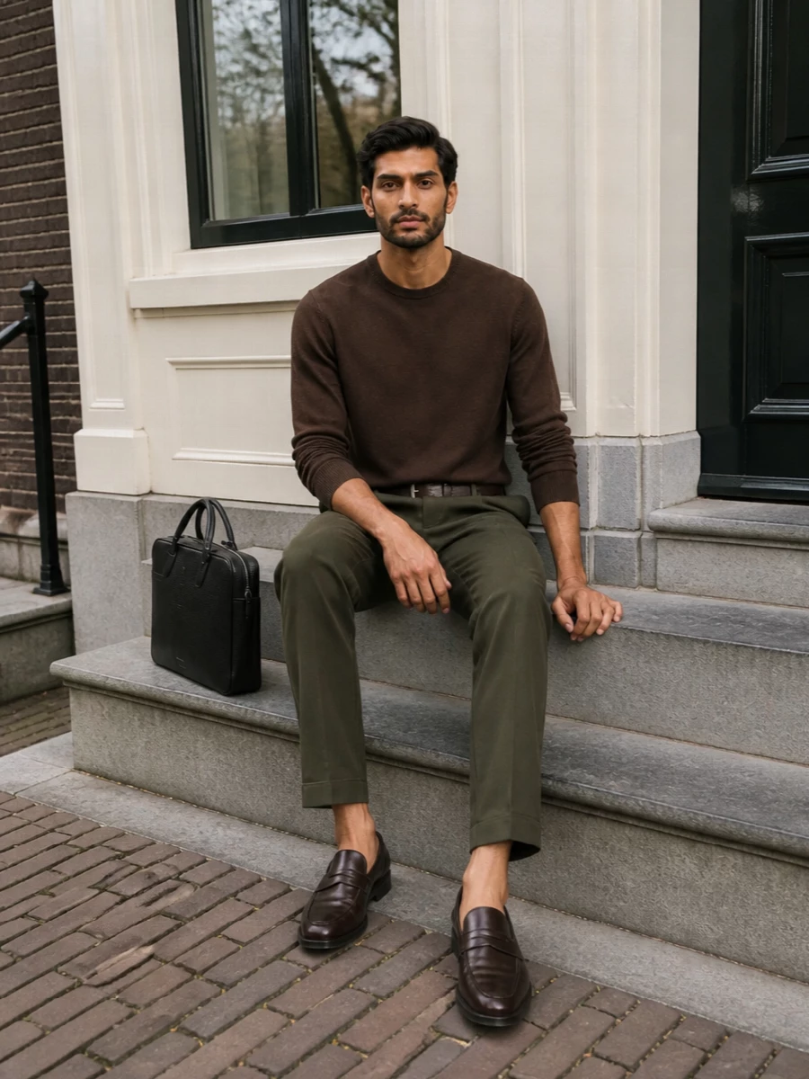 Pt torino olive trousers brown knit tods loafers