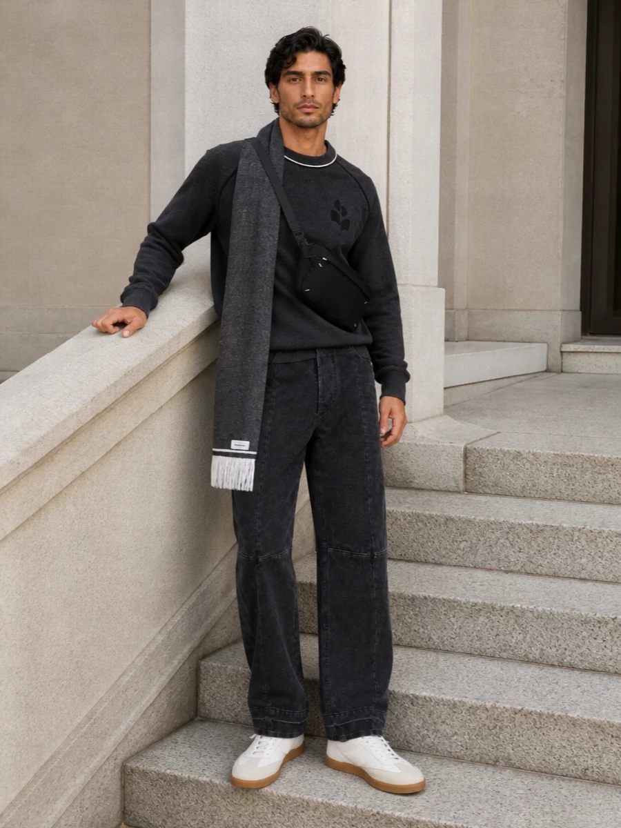 Isabel marant charcoal jeans knit sneakers outfit