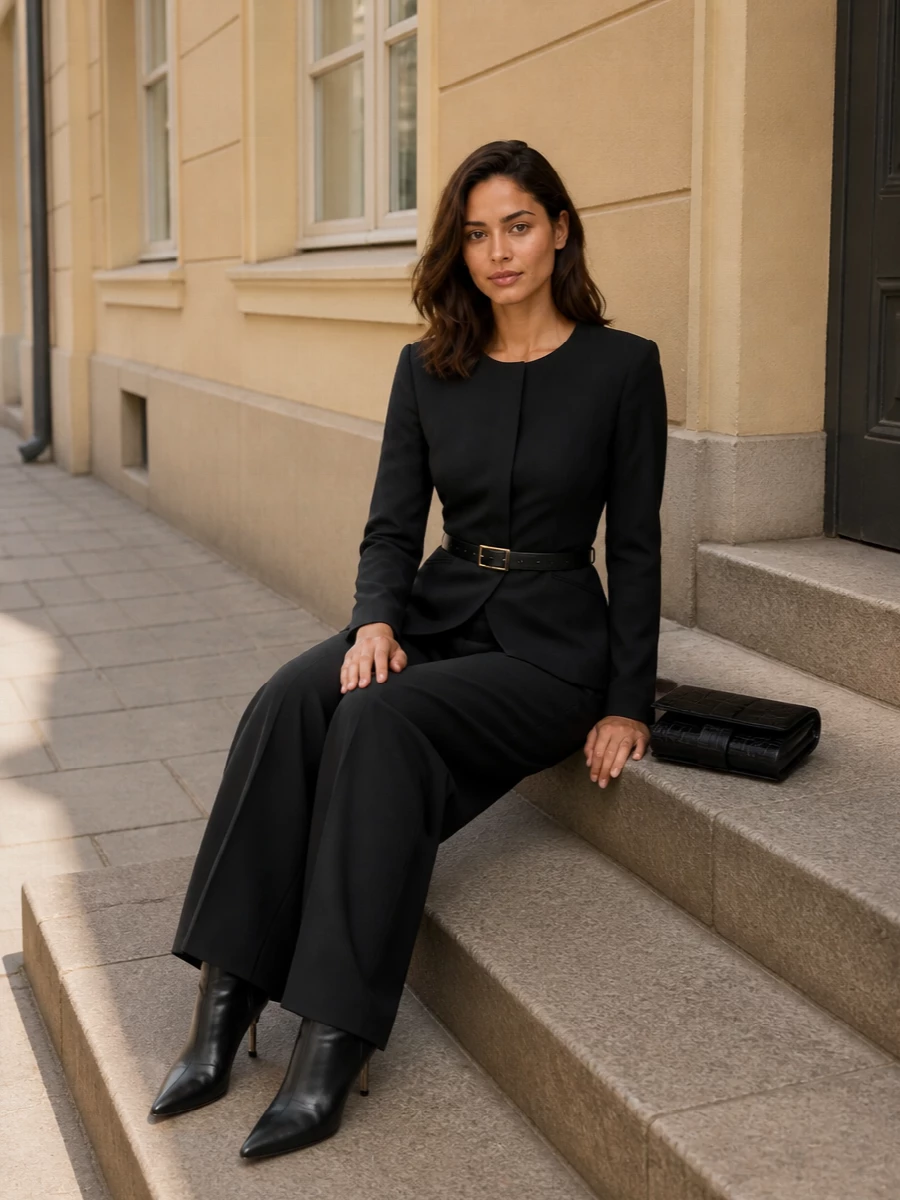 An all-black, sculpted silhouette puts the collarless blazer in focus, falling into Max Mara’s draped wide-leg trouser for a long, uninterrupted line. A sharp Casadei ankle pump and croc-embossed Totême bag keep the mood precise and evening-ready, while a slim Balmain belt quietly marks the waist without breaking the minimalism.