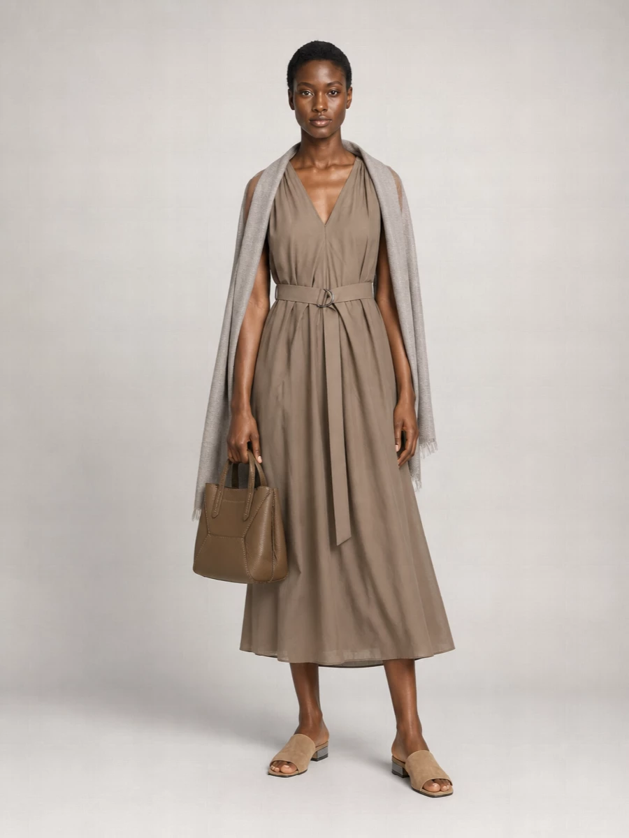 Brunello Cucinelli Cotton V-Neck Sleeveless Belted Flared Midi Dress