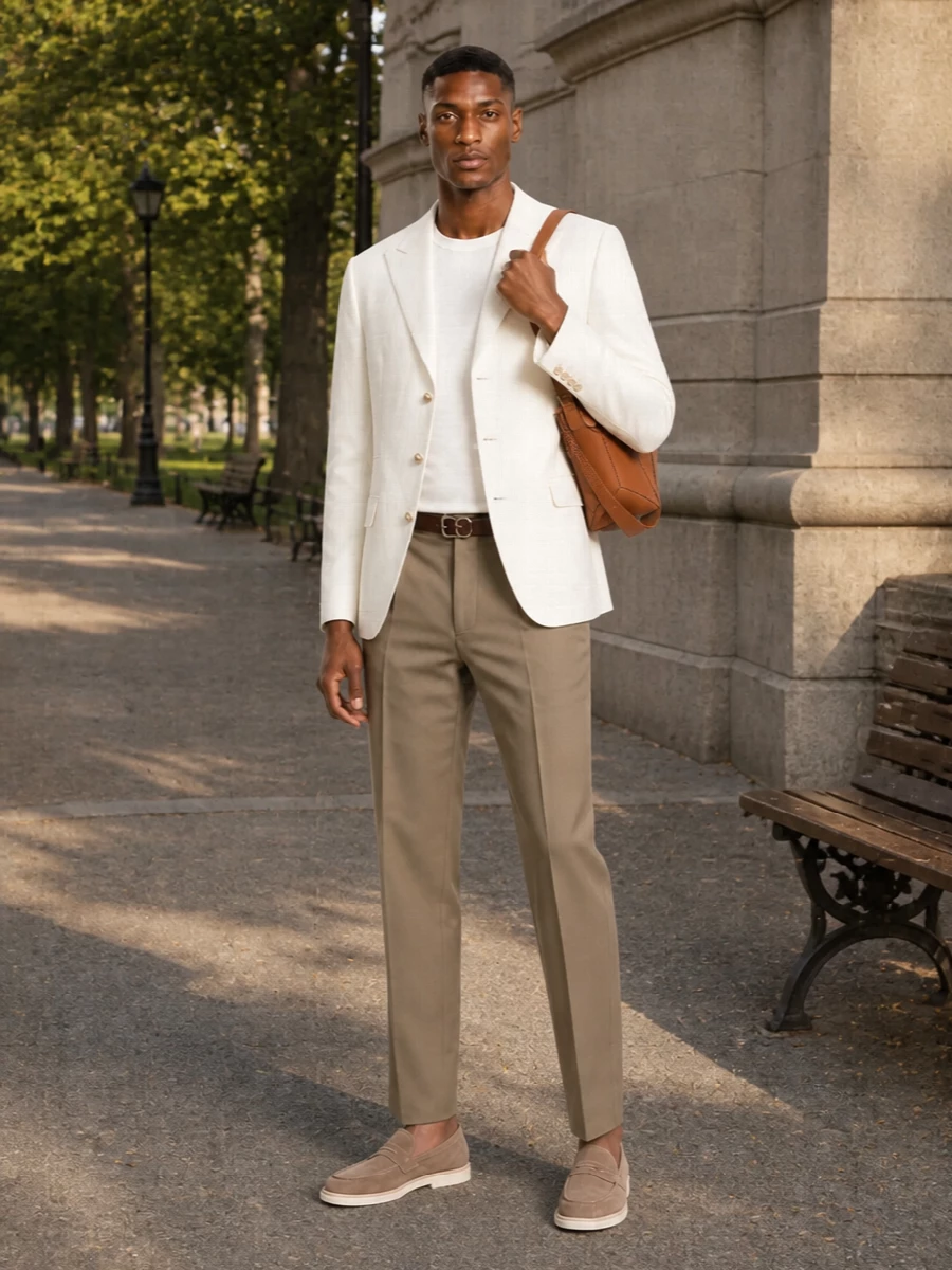 Brunello cucinelli blazer taupe trousers outfit