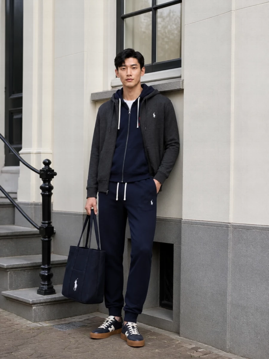 Charcoal, navy and white are doing all the work here, giving a calm, collegiate palette that feels considered without trying. The stacked hoodies and tapered joggers read like a modern tracksuit under the zip layer, with quietly graphic Hogan sneakers and a structured Polo tote keeping it city ready. Ideal for cooler off-duty days when you move from commute to coffee to couch in one uniform.